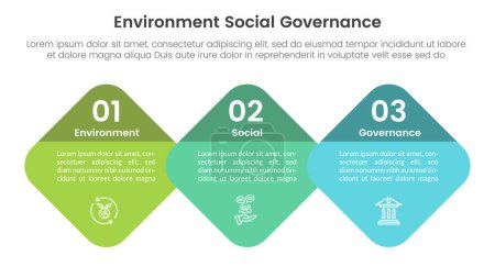 Illustration for Esg environmental social and governance infographic 3 point stage template with round honeycomb or skewed square concept for slide presentation vector - Royalty Free Image