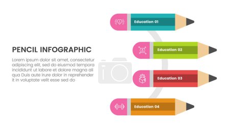 Illustration for Pencil education infographic 4 point stage template with pencil on circle shape for slide presentation vector - Royalty Free Image