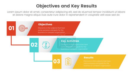 Illustration for Okr objectives and key results infographic 3 point stage template with vertical timeline skew rectangle concept for slide presentation vector - Royalty Free Image