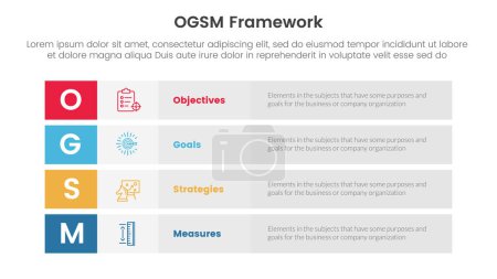 Illustration for Ogsm goal setting and action plan framework infographic 4 point stage template with long box rectangle box stack for slide presentation vector - Royalty Free Image