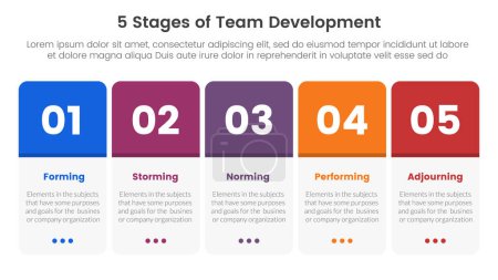 Illustration for 5 stages team development model framework infographic 5 point stage template with round box table on horizontal direction for slide presentation vector - Royalty Free Image