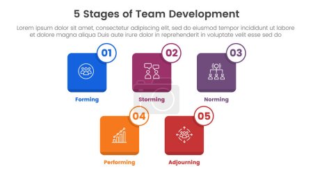 Illustration for 5 stages team development model framework infographic 5 point stage template with small square icon box outline badge for slide presentation vector - Royalty Free Image
