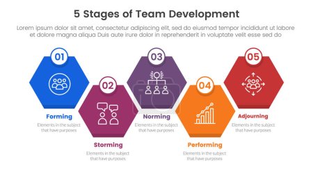 Illustration for 5 stages team development model framework infographic 5 point stage template with diamond hexagon honeycomb up and down right direction for slide presentation vector - Royalty Free Image