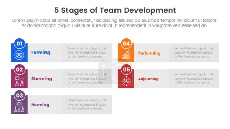 Illustration for 5 stages team development model framework infographic 5 point stage template with long rectangle box grey background for slide presentation vector - Royalty Free Image