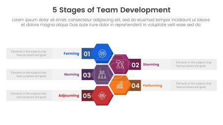 Illustration for 5 stages team development model framework infographic 5 point stage template with honeycomb or hexagon vertical for slide presentation vector - Royalty Free Image