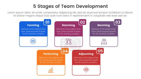 Illustration for 5 stages team development model framework infographic 5 point stage template with big box table outline header badge for slide presentation vector - Royalty Free Image