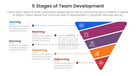 Illustration for 5 stages team development model framework infographic 5 point stage template with funnel cutted or sliced shape for slide presentation vector - Royalty Free Image
