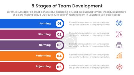 Illustration for 5 stages team development model framework infographic 5 point stage template with rectangle round stack vertical for slide presentation vector - Royalty Free Image