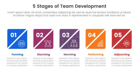 Illustration for 5 stages team development model framework infographic 5 point stage template with creative square box slice timeline horizontal for slide presentation vector - Royalty Free Image