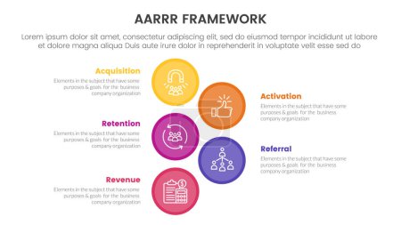 AARRR metrics framework infographic template banner with big circle vertical with 5 point list information for slide presentation vector