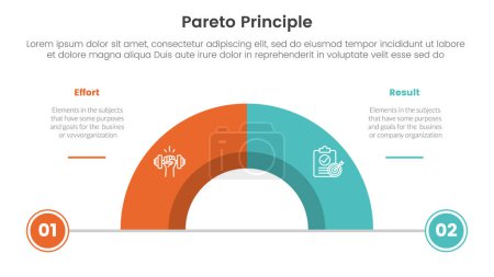 Vergleich des Pareto-Prinzips oder im Vergleich zum Konzept für eine Infografik-Vorlage mit einem Halbkreis geteilt durch einen Zwei-Punkte-Informationsvektor