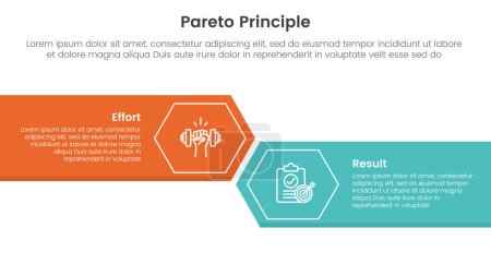 Vergleich des Pareto-Prinzips oder Konzept für eine Infografik-Vorlage mit großem Rechteck mit Pfeilkante und Sechseck mit Zweipunktlisten-Informationsvektor