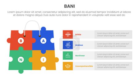 Ilustración de Bani mundo marco infografía 4 punto etapa plantilla con rompecabezas bolsa de compras con forma de rectángulo pila para la presentación de diapositivas vector - Imagen libre de derechos