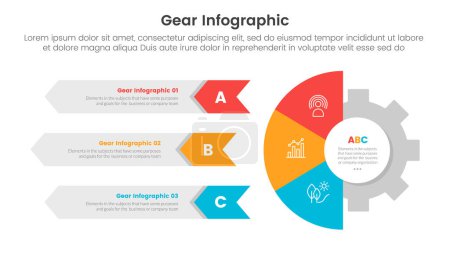 Zahnrad-Infografik-Vorlage Banner mit Halbkreis und rechteckiger Pfeilform mit 3-Punkt-Listeninformationen für Folienpräsentationsvektor