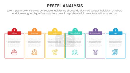 pestel business analysis tool framework infographic with outline table and half circle header 6 point stages concept for slide presentation vector