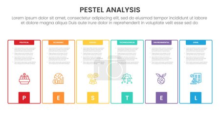 pestel business analysis tool framework infographic with creative outline box with square bottom accessories 6 point stages concept for slide presentation vector