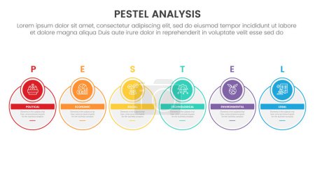 pestel business analysis tool framework infographic with outline circle and badge header 6 point stages concept for slide presentation vector