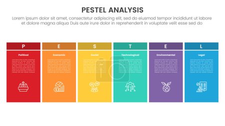 pestel business analysis tool framework infographic with big table box unite dark header 6 point stages concept for slide presentation vector