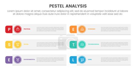 pestel business analysis tool framework infographic with long rectangle shape and outline circle 6 point stages concept for slide presentation vector