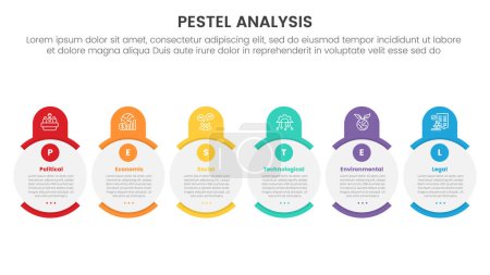 pestel business analysis tool framework infographic with creative circle and round header on horizontal direction 6 point stages concept for slide presentation vector