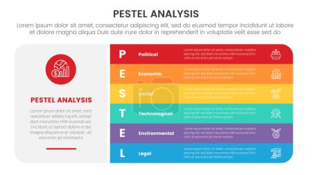 Illustration for Pestel business analysis tool framework infographic with big block shape and round rectangle stack 6 point stages concept for slide presentation vector - Royalty Free Image
