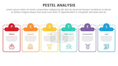 pestel business analysis tool framework infographic with big outline table and small circle header top 6 point stages concept for slide presentation vector