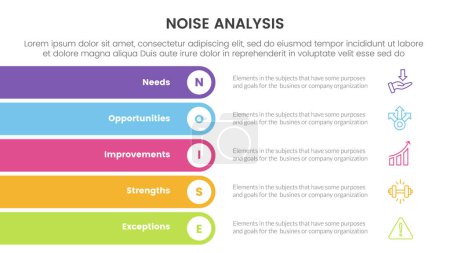 infografía estratégica de negocio del ruido con la pila redonda rectángulo vertical con 5 puntos para el vector de la presentación de diapositivas