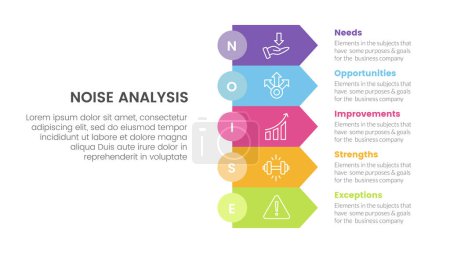 Noise Business Strategische Infografik mit rechteckigem Pfeilstapel mit 5 Punkten für Diapräsentationsvektor