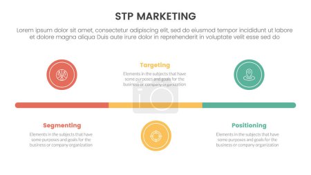 stp marketing strategy model for segmentation customer infographic with small circle timeline horizontal 3 points for slide presentation vector