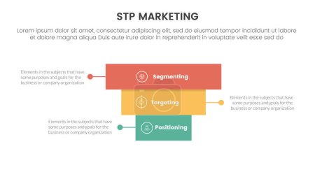 stp estrategia de marketing modelo para la segmentación de la infografía del cliente con la pirámide de bloques rectángulo hacia atrás estructura 3 puntos para la presentación de diapositivas vector