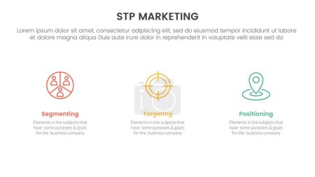 stp marketing strategy model for segmentation customer infographic with clean and simple information on horizontal direction 3 points for slide presentation vector