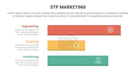 stp marketing strategy model for segmentation customer infographic with horizontal long data box 3 points for slide presentation vector