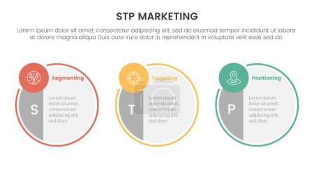 Modèle de stratégie marketing stp pour la segmentation infographie client avec badge grand cercle symétrique et petit cercle sur la direction horizontale 3 points pour le vecteur de présentation de diapositives