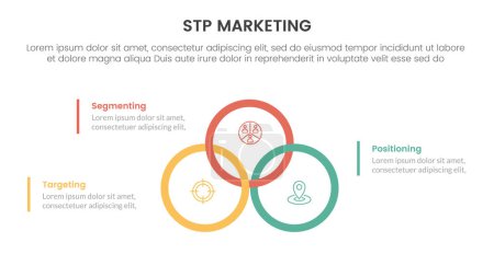 Modèle de stratégie marketing stp pour segmentation infographie client avec union de contour à grand cercle ou joint au centre 3 points pour vecteur de présentation de diapositives