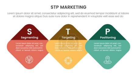 stp marketing strategy model for segmentation customer infographic with round diamond on horizontal direction 3 points for slide presentation vector