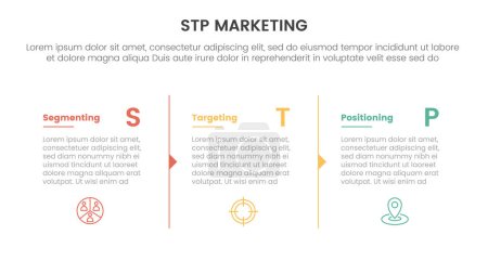 Modèle de stratégie marketing stp pour segmentation infographie client avec séparation des colonnes avec contour des flèches 3 points pour vecteur de présentation des diapositives