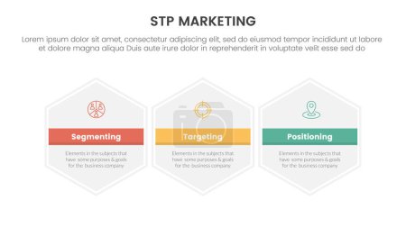 stp marketing strategy model for segmentation customer infographic with big hexagon hexagonal horizontal 3 points for slide presentation vector