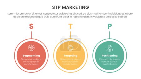 stp marketing strategy model for segmentation customer infographic with big circle outline horizontal 3 points for slide presentation vector