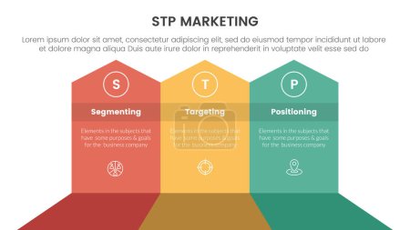 stp marketing strategy model for segmentation customer infographic with big shape arrow header top direction 3 points for slide presentation vector