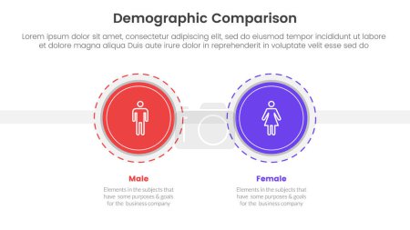 Illustration for Demographic man vs woman comparison concept for infographic template banner with big circle and outline style dotted with two point list information vector - Royalty Free Image
