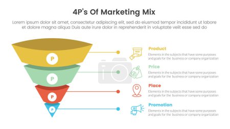Illustration for Marketing mix 4ps strategy infographic with 3d funnel pyramid reverse shape with line with 4 points for slide presentation vector - Royalty Free Image
