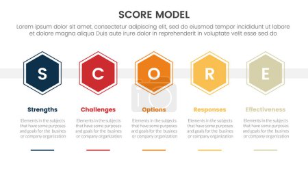 Score Business Assessment-Infografik mit horizontaler Wabenhexagon-Form mit 5 Punkten für Diapräsentationsschablonen-Vektor