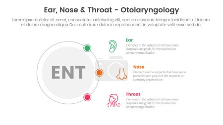 ent health treatment disease infographic 3 point stage template with outline circle connecting network content for slide presentation vector