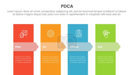 Illustration for Pdca management business continual improvement infographic 4 point stage template with vertical box and arrow badge header for slide presentation vector - Royalty Free Image