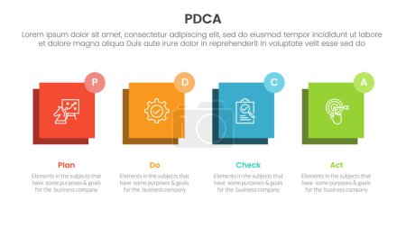 Illustration for Pdca management business continual improvement infographic 4 point stage template with horizontal square balance for slide presentation vector - Royalty Free Image