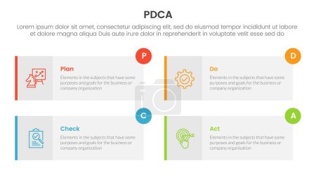 pdca management business continual improvement infographic 4 point stage template with long rectangle box symmetric circle badge for slide presentation vector