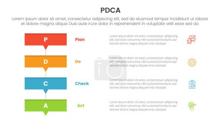 Illustration for Pdca management business continual improvement infographic 4 point stage template with rectangle box stack with small arrow bottom for slide presentation vector - Royalty Free Image