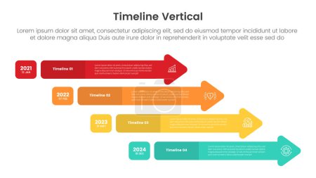 chronologie verticale jalon infographie modèle bannière avec flèche ronde cascade pile avec 4 informations de liste de points pour diapositives vecteur de présentation