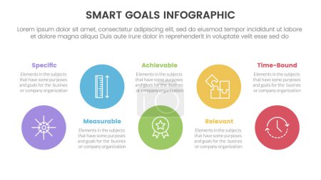 SMART goals setting framework infographic with big circle timeline ups and down with 5 step points for slide presentation vector