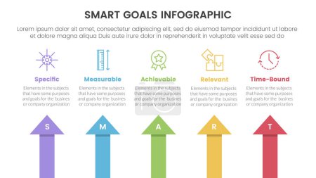 SMART goals setting framework infographic with arrow shape top direction with 5 step points for slide presentation vector